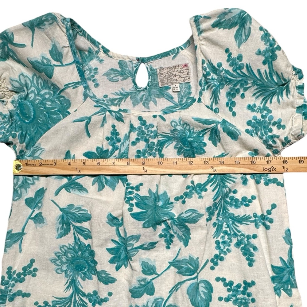 Joules Tunic Dress Aqua Audrey Linen Blend Pockets Size 4 Floral Smocked Coastal - Picture 7 of 12